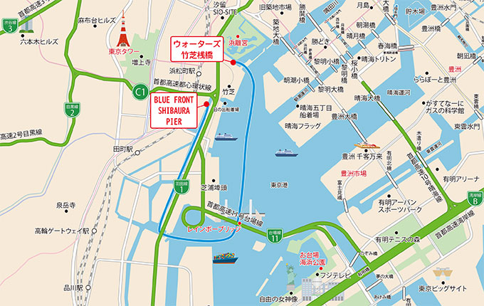 BLUE FRONT SHIBAURA PIERとウォーターズ竹芝を結ぶ片道クルーズ(30分)コース